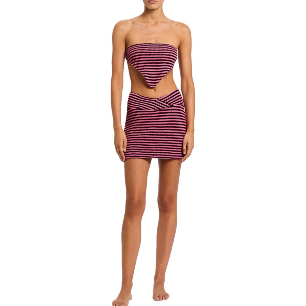 Triangl Yani Caro Crossed Waist Pink Black Stripe Knit Crochet Summer Skirt S